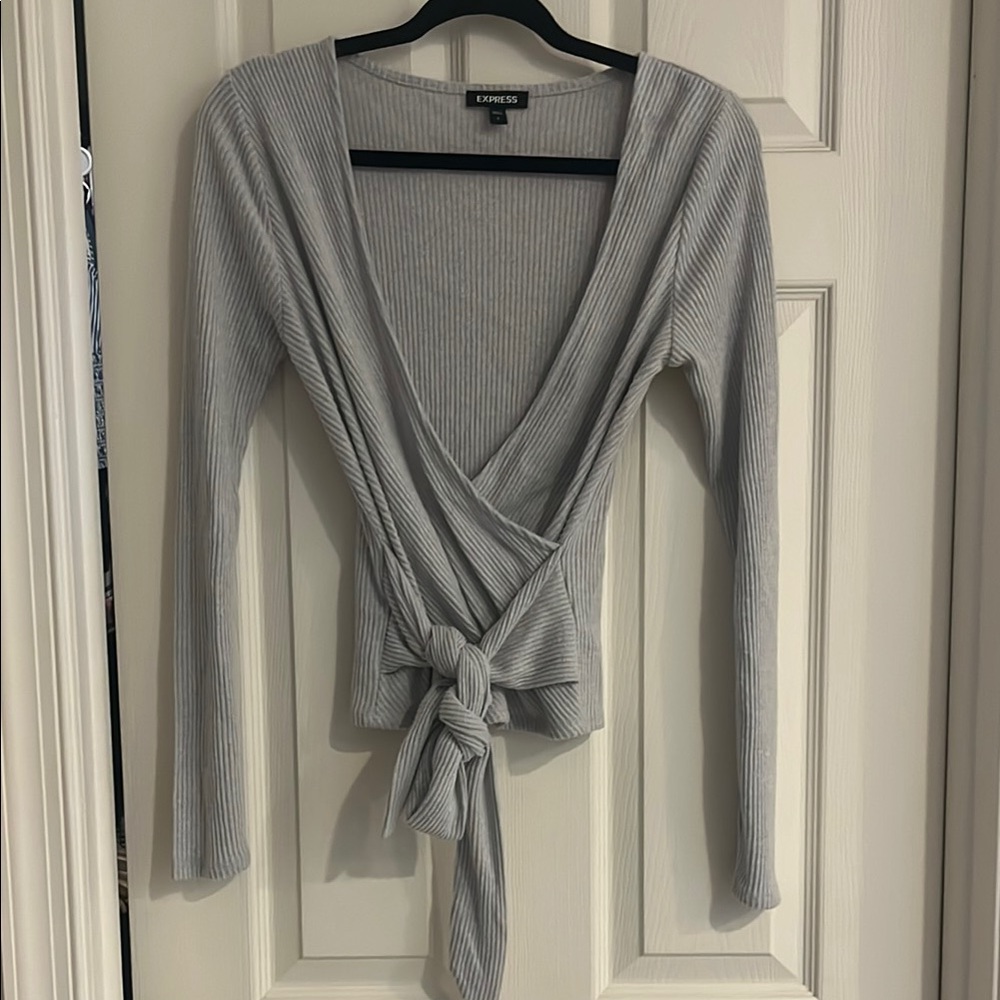 Express Light Gray Ribbed Wrap Top